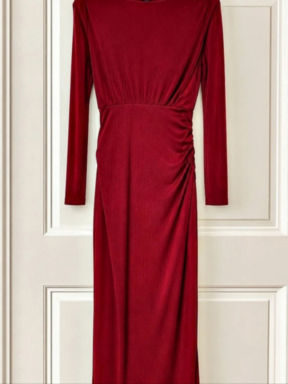 Ruched Long Sleeve Maxi Dress in Red Like New
